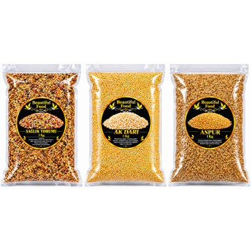 Beautiful Food 3'lü Kuş Yemi Seti Sağlık Tohumu 1 Kg + Ak Darı 1 Kg + Aspur 1 Kg – Kanarya, Muhabbet Kuşu ve Sultan Papağanı İçin 3 Kg