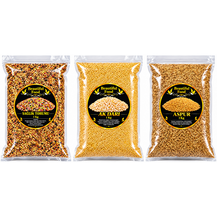Beautiful Food 3'lü Kuş Yemi Seti Sağlık Tohumu 1 Kg + Ak Darı 1 Kg + Aspur 1 Kg – Kanarya, Muhabbet Kuşu ve Sultan Papağanı İçin 3 Kg